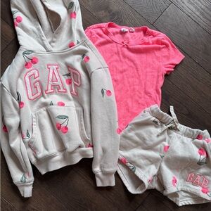 Girls GAP Beige Cherry Hoodie and Shorts with Pink Tee